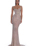 Cocoslly Spaghetti Straps Sleeveless High Waist Long Mermaid Prom Dress With Beading Pearls | Nude Champage Sequins JZ0120