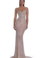 Cocoslly Spaghetti Straps Sleeveless High Waist Long Mermaid Prom Dress With Beading Pearls | Nude Champage Sequins JZ0120