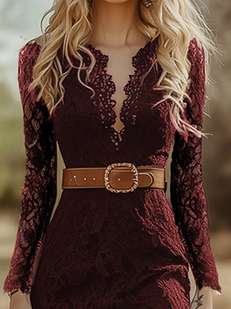 Vintage Bohemian Blue Lace Long Sleeve Midi Dress