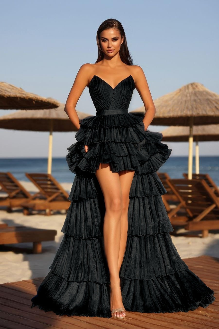 Cocoslly Strapless Sleeveless High Waist Long A Line Prom Dress With Ruffles | Champage Glod Satin YC0487