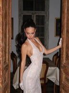 Cocoslly Halter Sleeveless High Waist Long Prom Dress With Gloves | White Chiffon LR0206