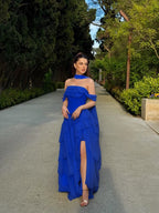 Cocoslly Off-The-Shoulder Sleeveless High Waist Long Split Prom Dress With Ruffles And Scarf | Daffodil Chiffon YK1279