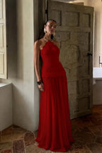 Cocoslly Halter Sleeveless High Waist Long Prom Dress With Appliques | White Chiffon YC0560