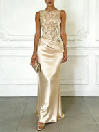 Purple Embroidery Satin Crew Neck Sleeveless Sheath Gown Dress