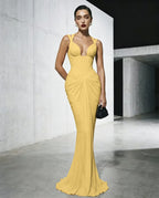 Cocoslly Spaghetti Straps Sleeveless High Waist Long Mermaid Prom Dress With Pleated | Red Satin LX0112
