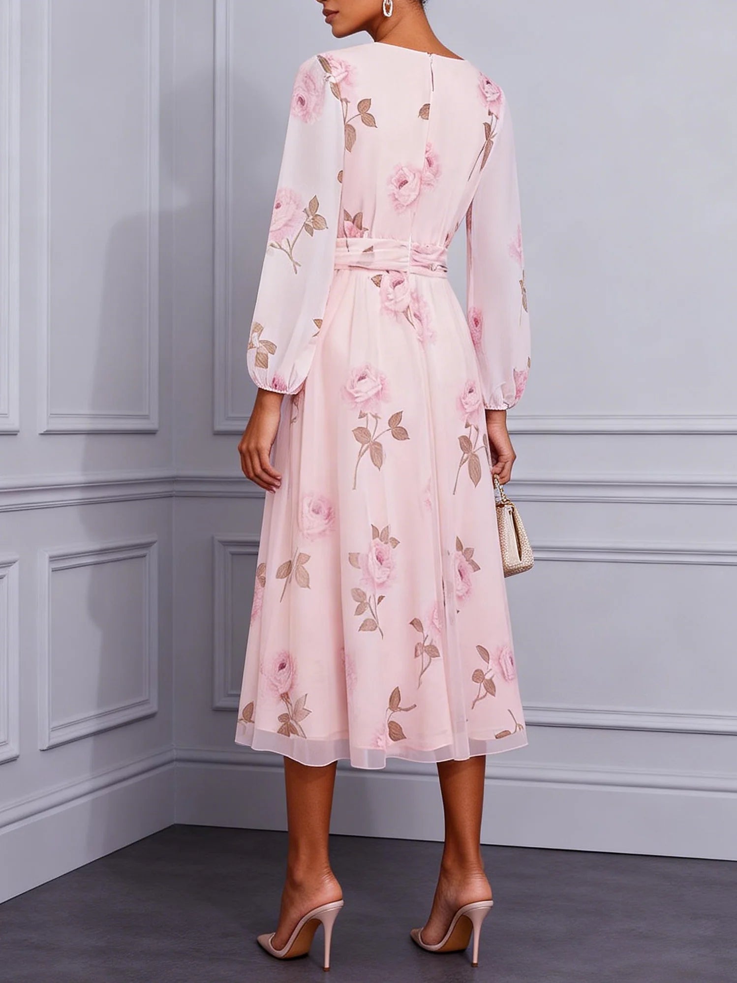 Pink Floral Tulle V Neck Long Sleeve Balloon Sleeve A-Line Midi Dress