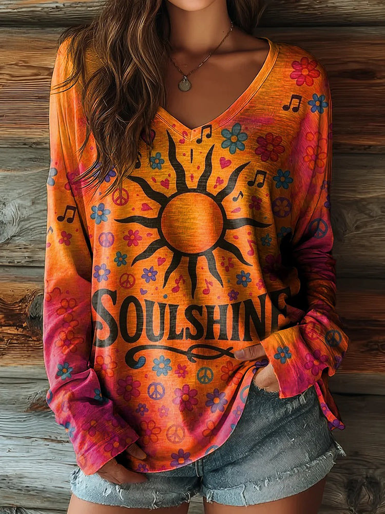 Women's Retro Peace Logo Hippie Art Print Casual V-neck Cotton T-shirt