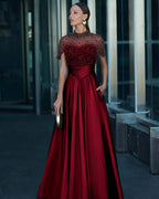 Tulle And Satin High-Neck Short Sleeves Long A-Line Pleated Prom Dress With Pockets And Beadings YK0542