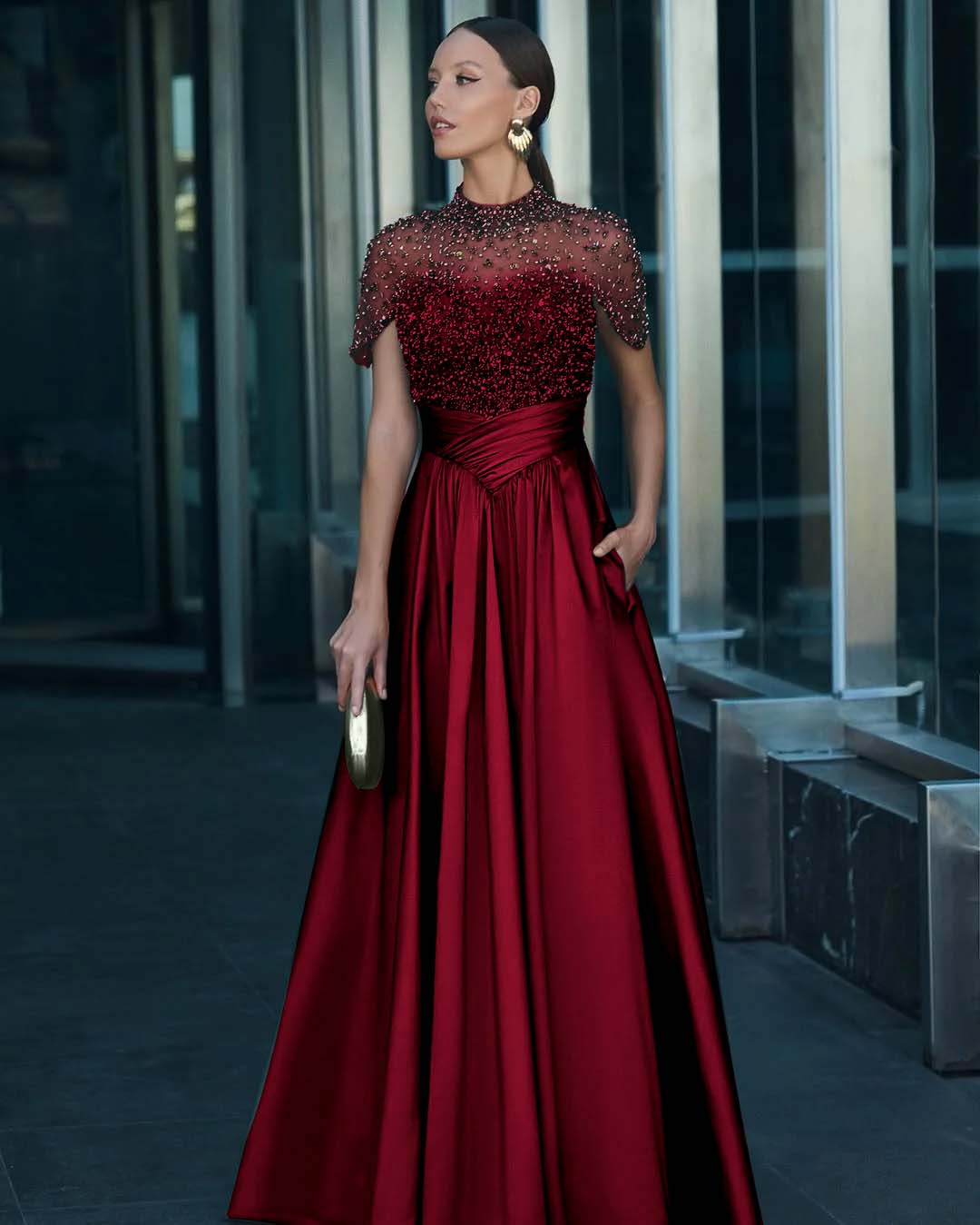 Tulle And Satin High-Neck Short Sleeves Long A-Line Pleated Prom Dress With Pockets And Beadings YK0542