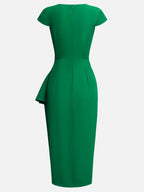 Green Cowl Neck Ruched Cap Sleeve Sheath Midi Dress