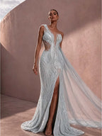 Cocoslly One Shoulder Sleeveless High Waist Long Split Prom Dress With Beading Pearls | Dusty Rose Tulle LX0088