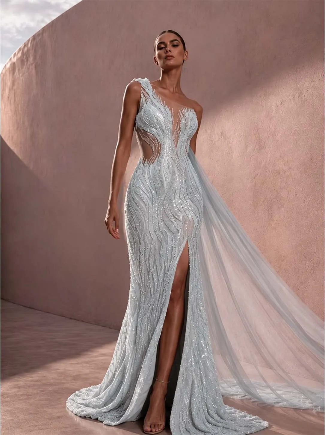 Cocoslly One Shoulder Sleeveless High Waist Long Split Prom Dress With Beading Pearls | Dusty Rose Tulle LX0088