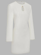 White Faux Pearl Cut Out Classic Crew Neck Long Sleeve Sheath Mini Dress