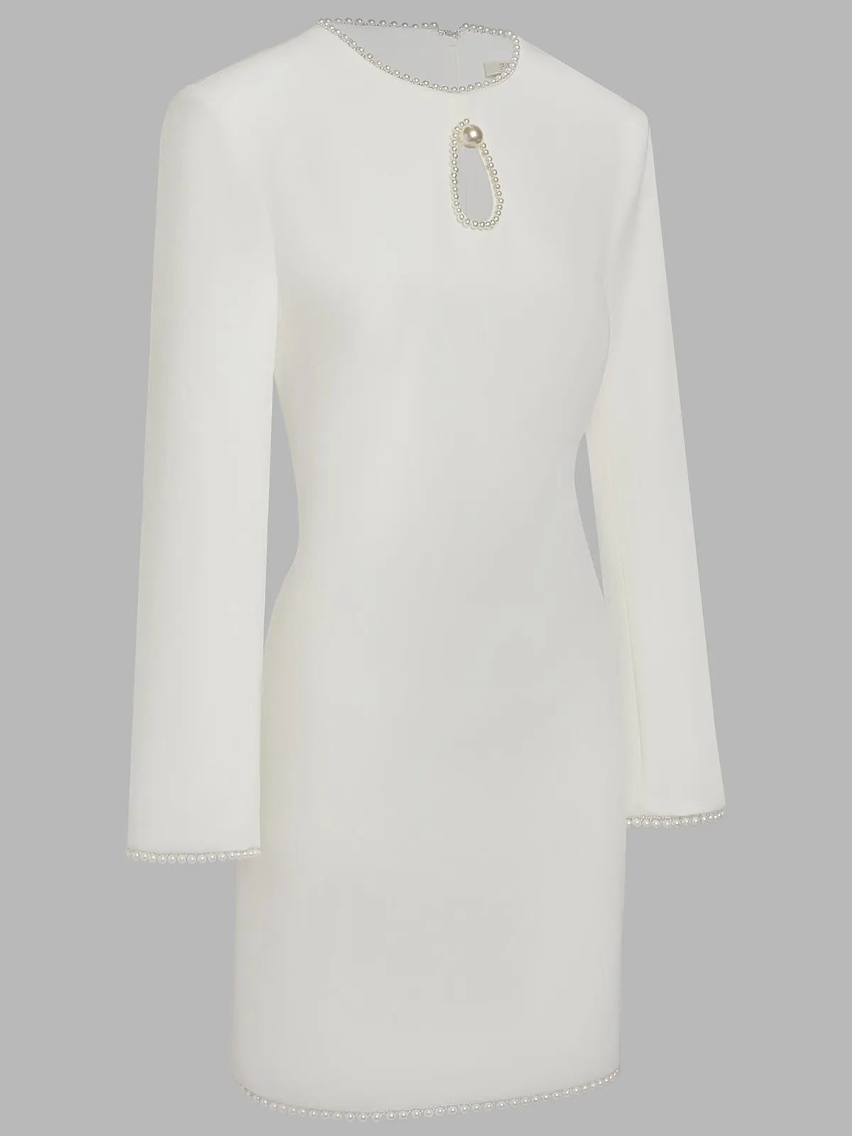White Faux Pearl Cut Out Classic Crew Neck Long Sleeve Sheath Mini Dress
