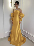 Burgundy Satin Strapless Bubble Sleeves Long Mermaid Prom Dress With Pleated YK0710