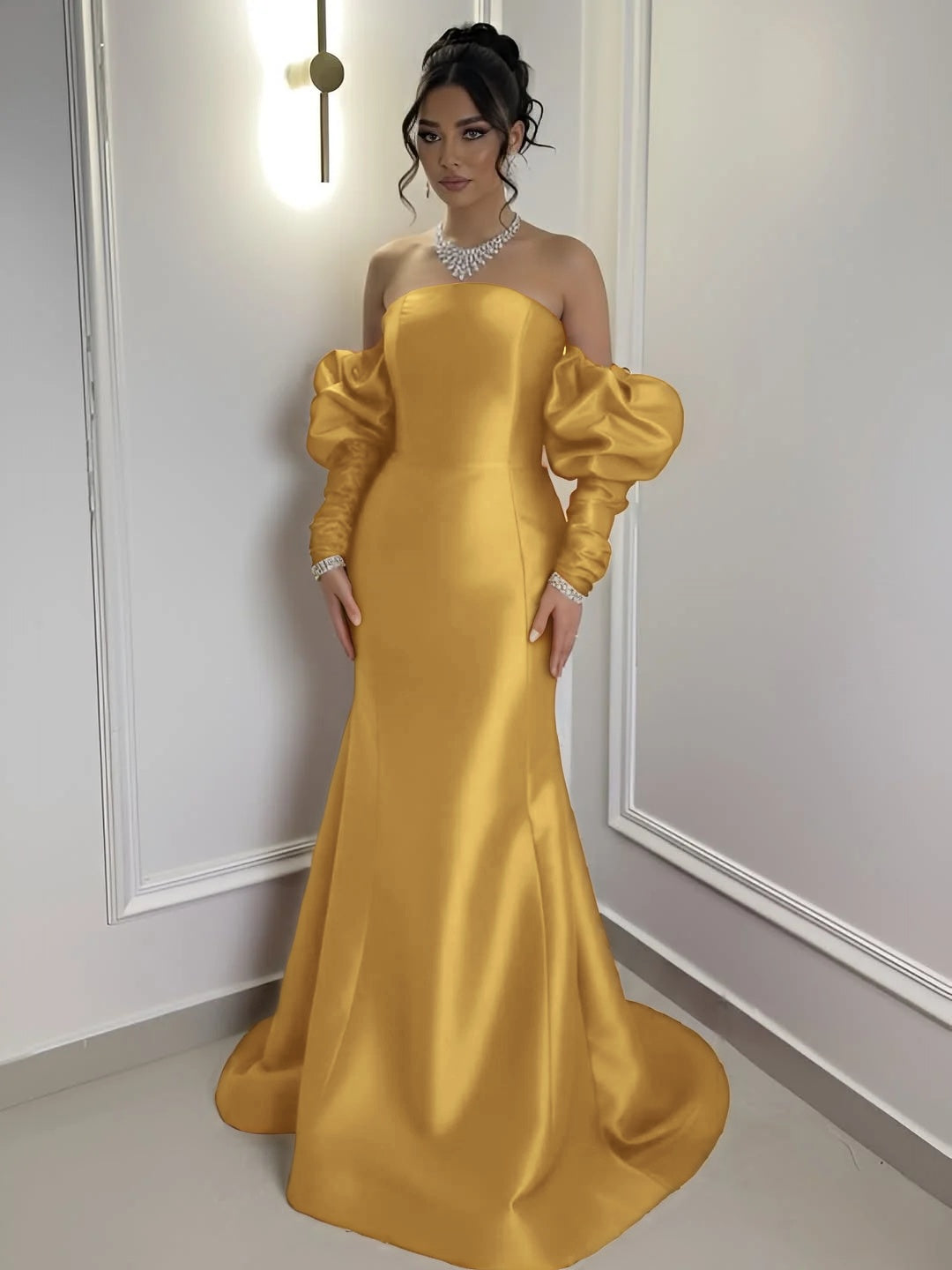 Burgundy Satin Strapless Bubble Sleeves Long Mermaid Prom Dress With Pleated YK0710