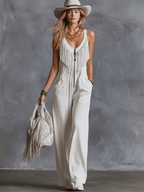 Casual Retro Western V-Neck And Fringe White Faux Suede Jumpsuit