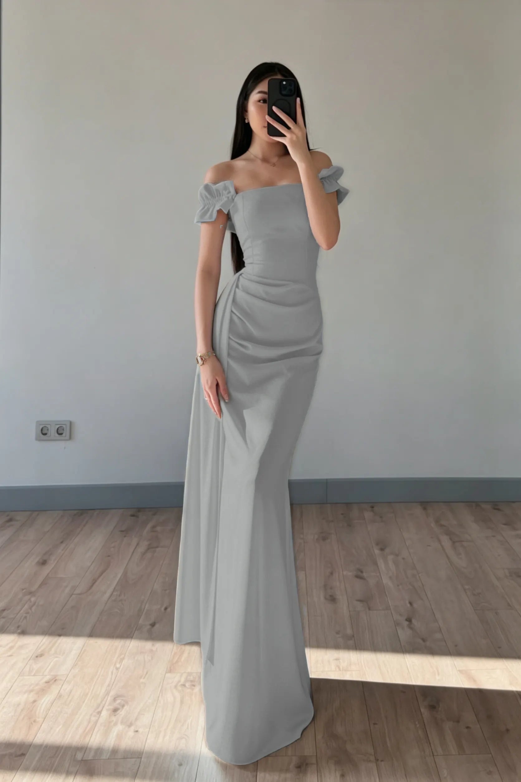 Cocoslly Off-The-Shoulder Sleeveless High Waist Long Mermaid Prom Dress | Baby Blue Satin ZT0711