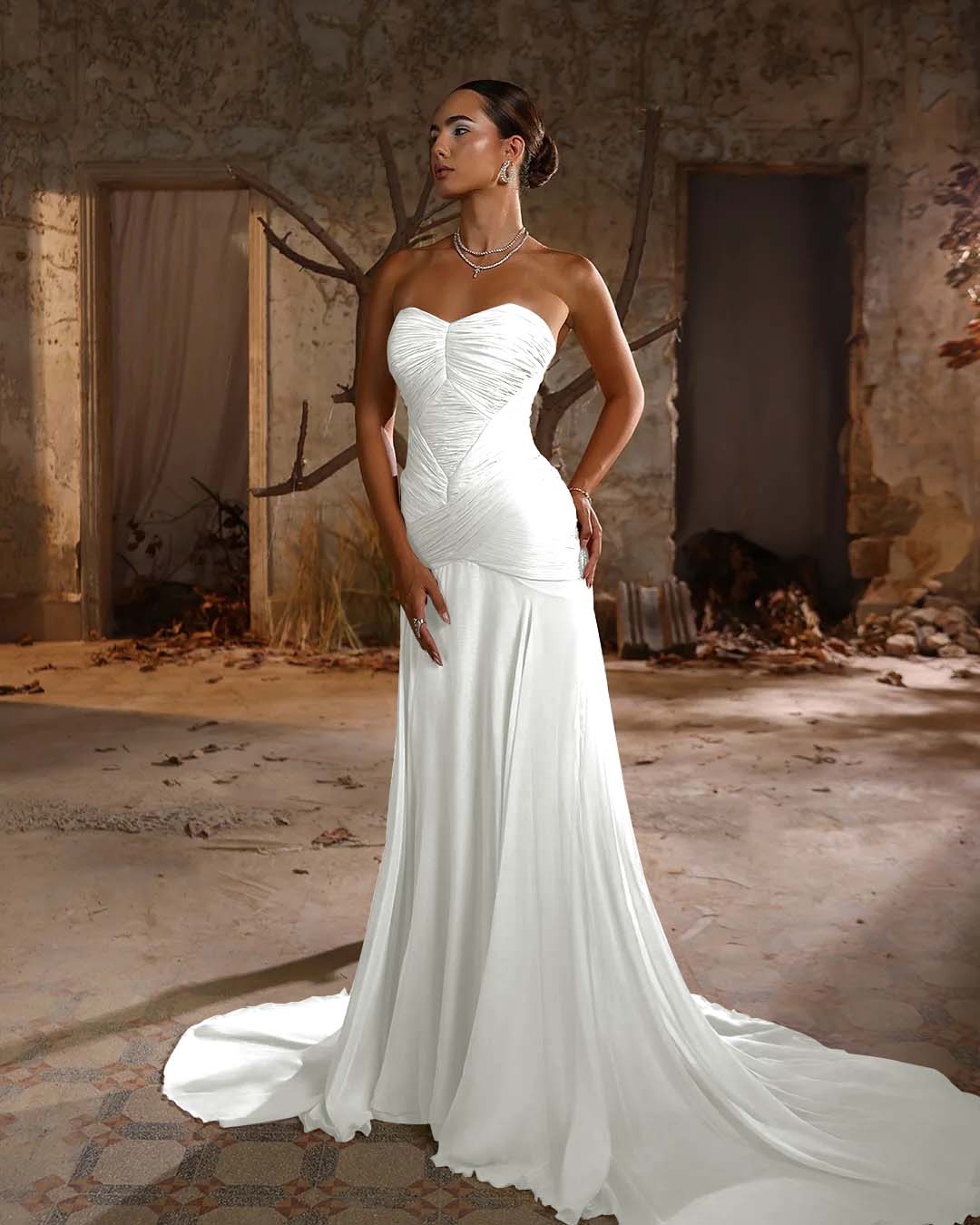 Chiffon Sweetheart Strapless Sleeveless Long Mermaid Prom Dress With Ruffles And Pleated YK0705