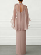 Nude Pink 3D Floral Mesh Classic Mock Neck Half Sleeve Sheath Floor-length Gown Dress
