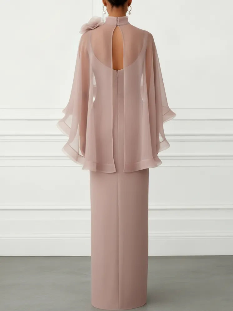 Nude Pink 3D Floral Mesh Classic Mock Neck Half Sleeve Sheath Floor-length Gown Dress