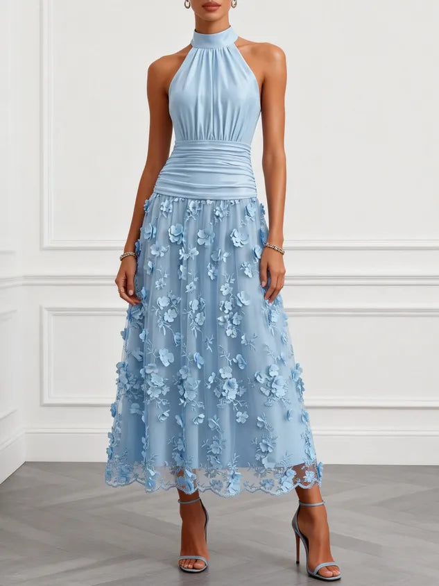 Purplish Blue 3D Floral Embroidery Classic Halter Neck Sleeveless A-Line Maxi Dress