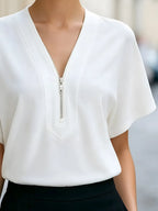 Minimalist V-Neck Zip-Front Short Sleeve Blouse