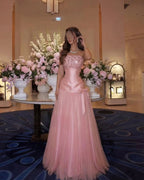 Cocoslly Strapless Sleeveless High Waist Long Prom Dress With Rhinstone | Pink Satin And Tulle CO0194