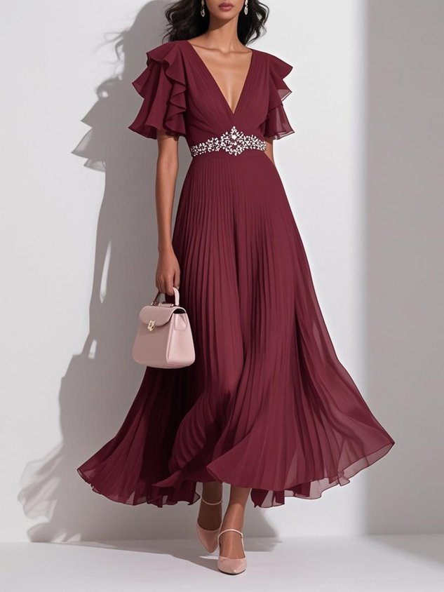 Pink Pleated Rhinestone Chiffon V Neck Short Sleeve Ruffle Sleeve A-Line Maxi Dress