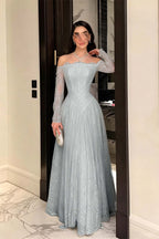 Cocoslly Strapless Long Sleeves High Waist Long Prom Dress With Pleated | Ink Blue Lace YC0488
