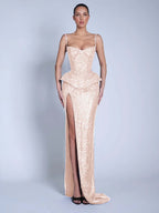 V-Neck Spaghetti Straps Sleeveless Long Mermaid Prom Dress With Split And Sequins YK0713