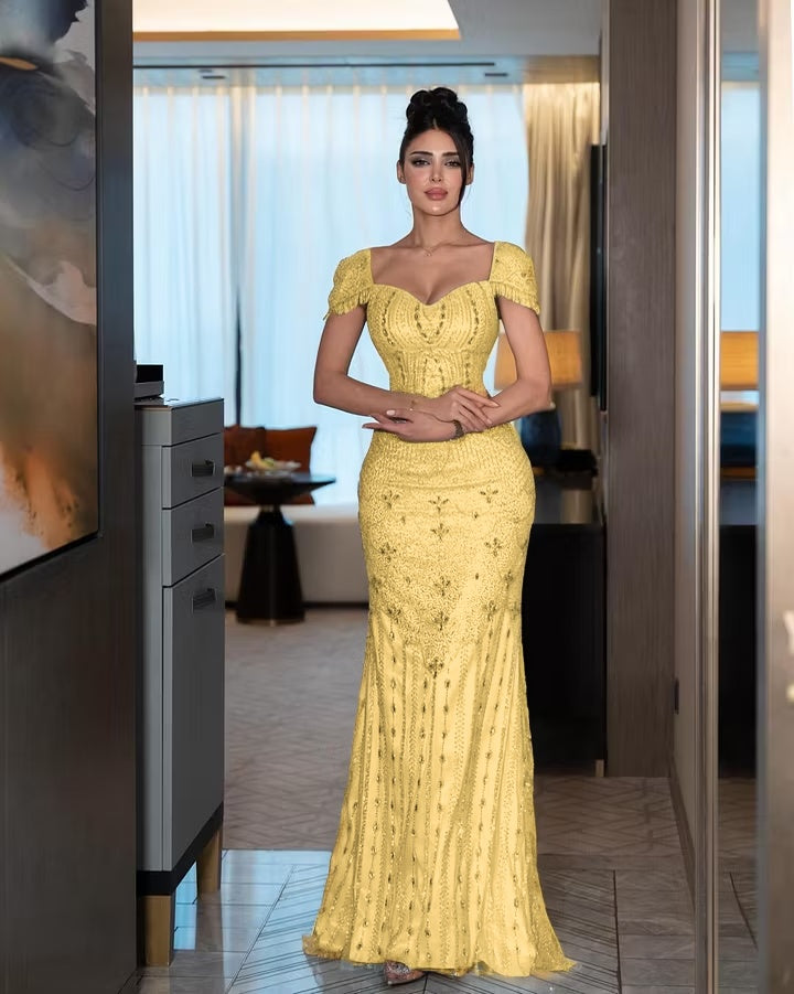 Cocoslly Short Sleeves High Waist Long Mermaid Prom Dress With Rhinstone | Silver Sequins YK1264