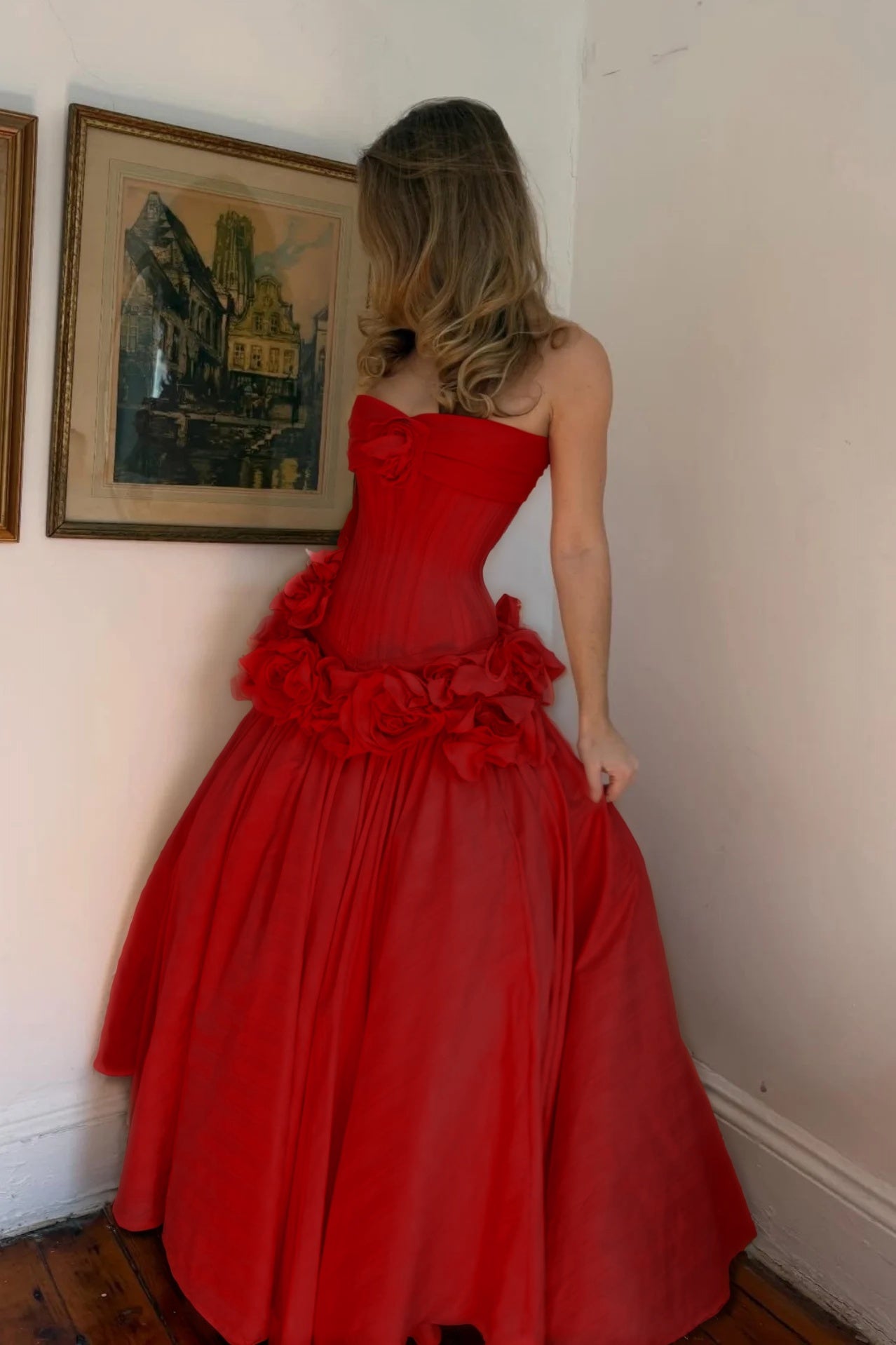 Cocoslly Strapless Sleeveless High Waist Long A Line Prom Dress With Flowers | Nude Pink Satin YC0415