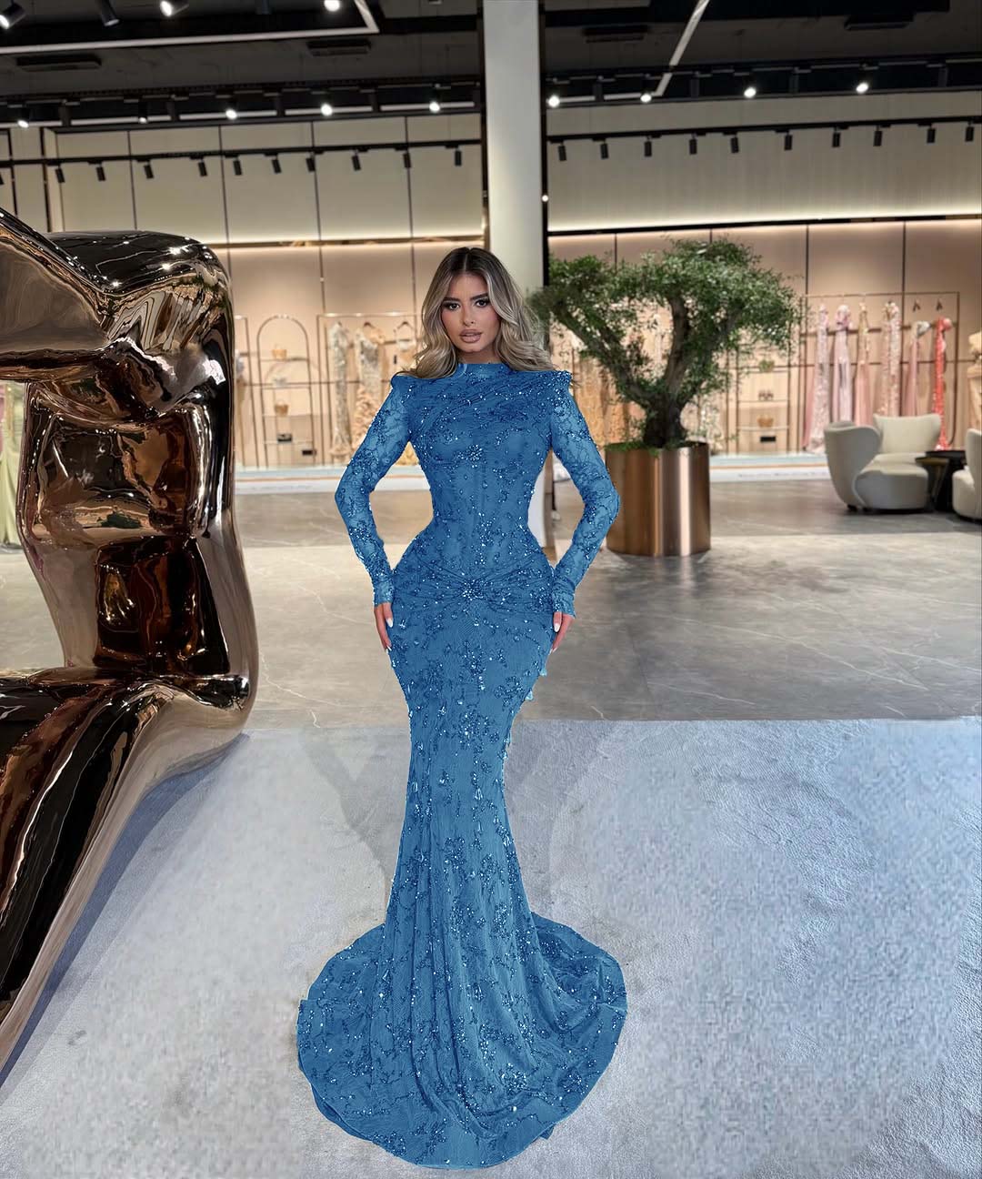 High Neck Long Sleeves Long Mermaid Prom Dress With Beading Pleated YK0512