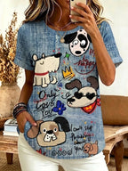 Women's Cute Dog Art Print Art Flowy Linen Blend T-shirt