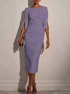 Navy Blue Faux Pearl Classic Crew Neck Half Sleeve Sheath Midi Dress