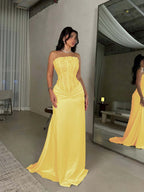 Satin Strapless Sleeveless Long Pleated Mermaid Prom Dress With Flowers And Sequins YK0636