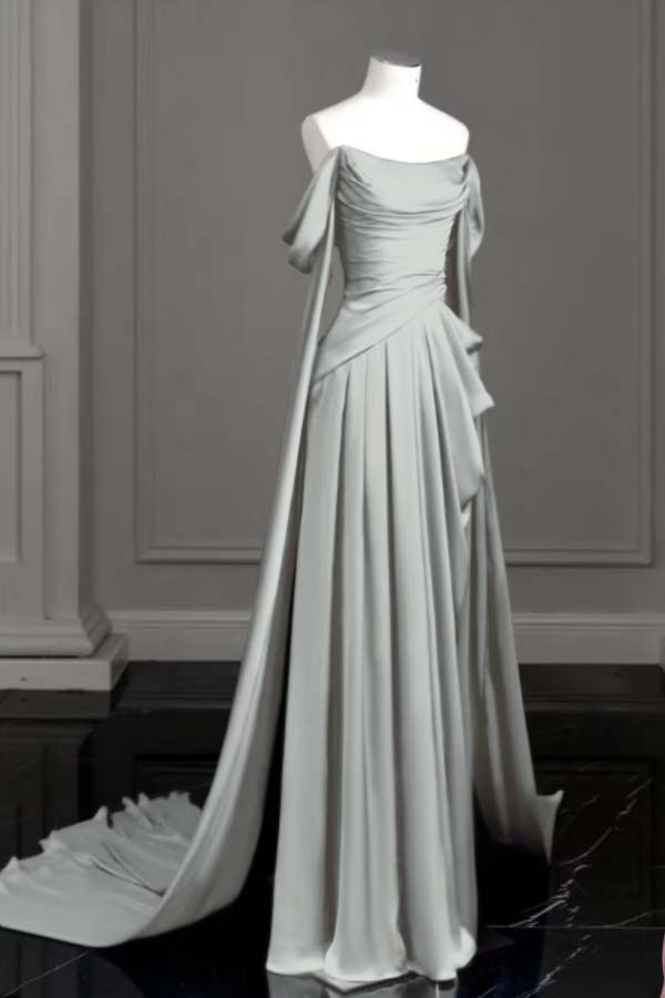 Cocoslly Off-The-Shoulder Pleated Long Prom Dress With Trailing On Both Sides | Purple Satin ZT0580