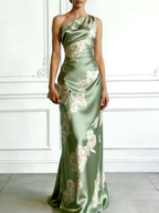 Green Floral Satin One Shoulder Sleeveless Sheath Floor-length Gown Dress