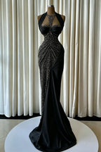 Cocoslly Halter Sleeveless High Waist Long Mermaid Prom Dress With Beading Pearls | Blush Champagne Satin JZ0163