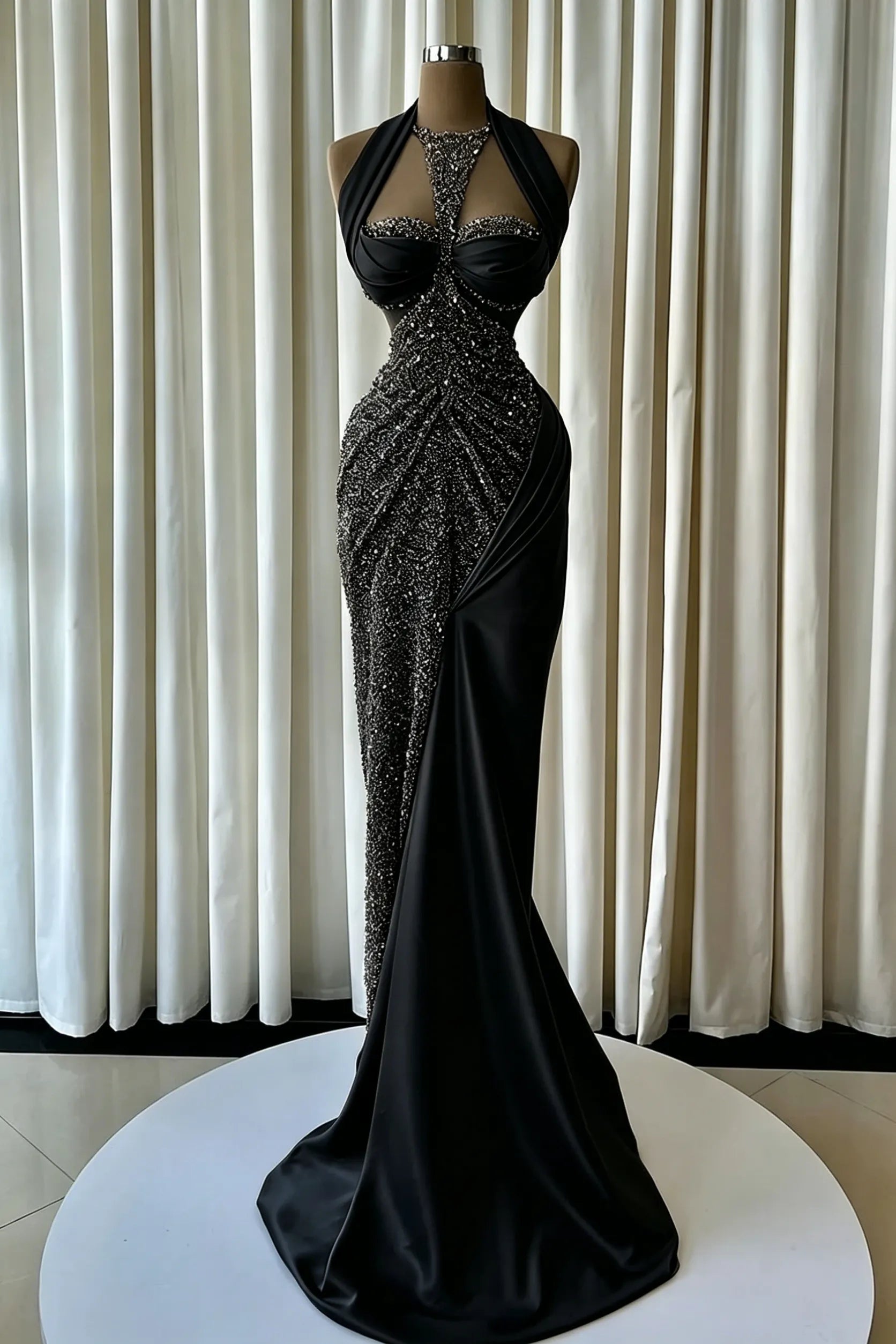 Cocoslly Halter Sleeveless High Waist Long Mermaid Prom Dress With Beading Pearls | Blush Champagne Satin JZ0163