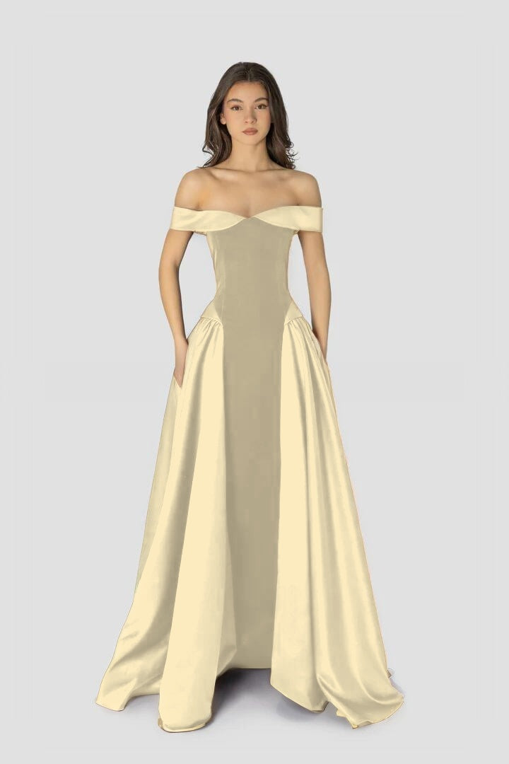 Cocoslly Off-The-Shoulder Sleeveless High Waist Long A Line Prom Dress | Regency Satin LR0426