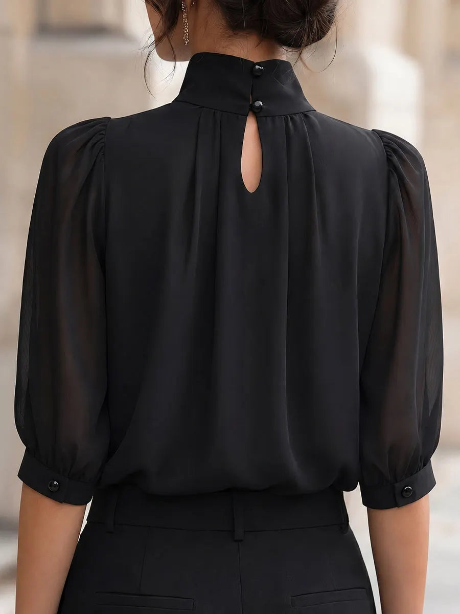 Mock Neck Chiffon Puff Sleeve Blouse