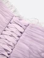 Lavender Ruched Lace Chiffon Off The Shoulder Short Sleeve A-Line Midi Dress