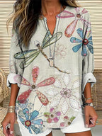 Women's Floral And Dragonfly Art Print Flowy Linen Blend  Long Sleeve Tops