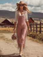 Western Retro Pink Tassel Faux Suede Overalls