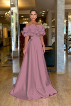 Satin Off-The-Shoulder Strapless High-Waisted Long A-Line Prom Dress With Ruffles JQ0425