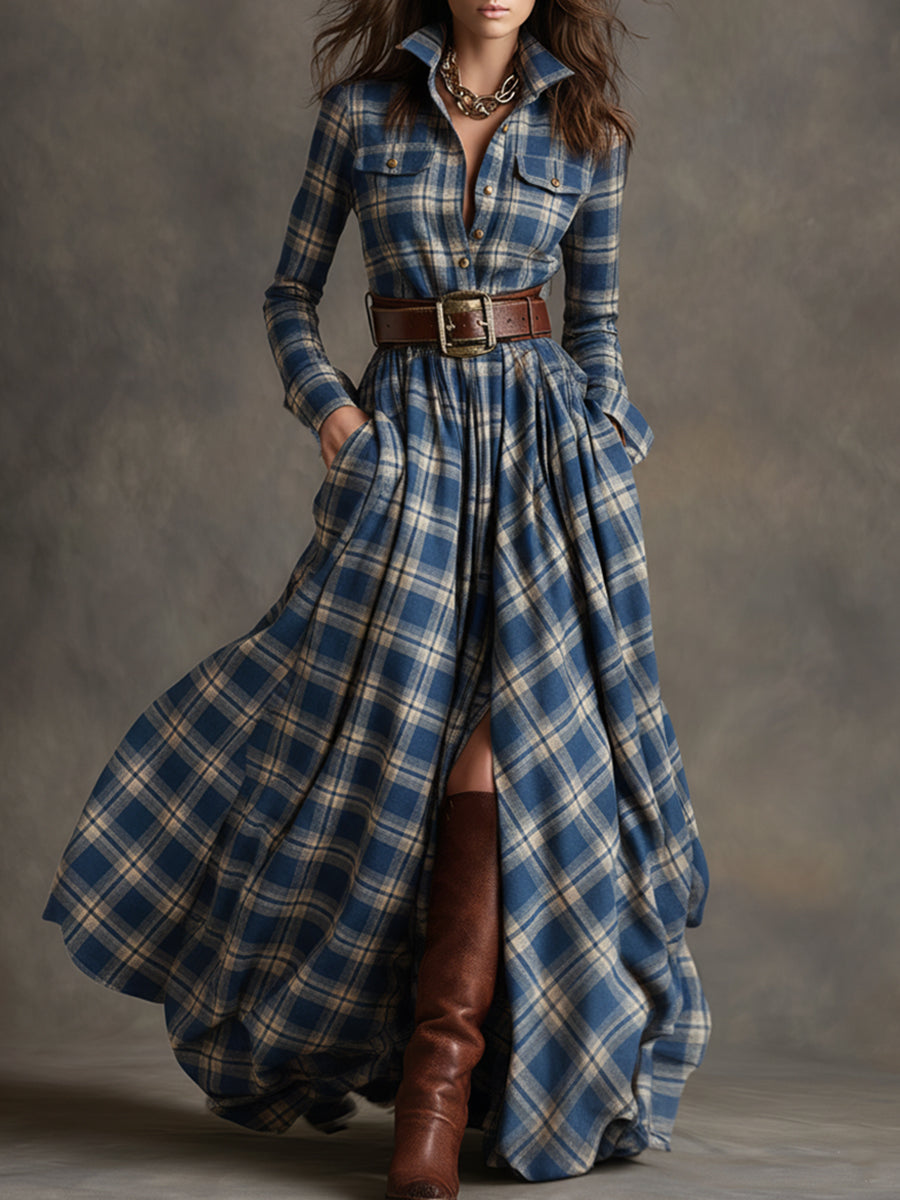 Retro Ethnic Style Lapel Reddish Brown Plaid Maxi Dress