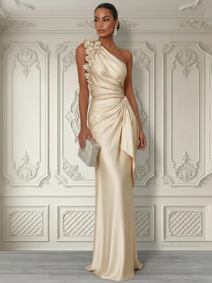 Champagne 3D Floral Ruched Satin One Shoulder Sleeveless Sheath Floor-length Gown Dress