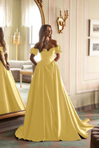 Satin V-Neck Off-The-Shoulder Short Sleeves Long A-Line Prom Dress With Embroidered And Pleated WQ0422